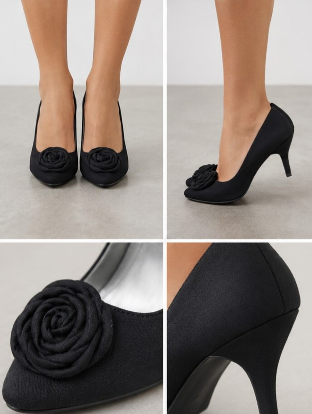 Fioni Dress Pumps Womens Sz 7 Black Satin Ribbon Rose Stiletto High Heels Formal